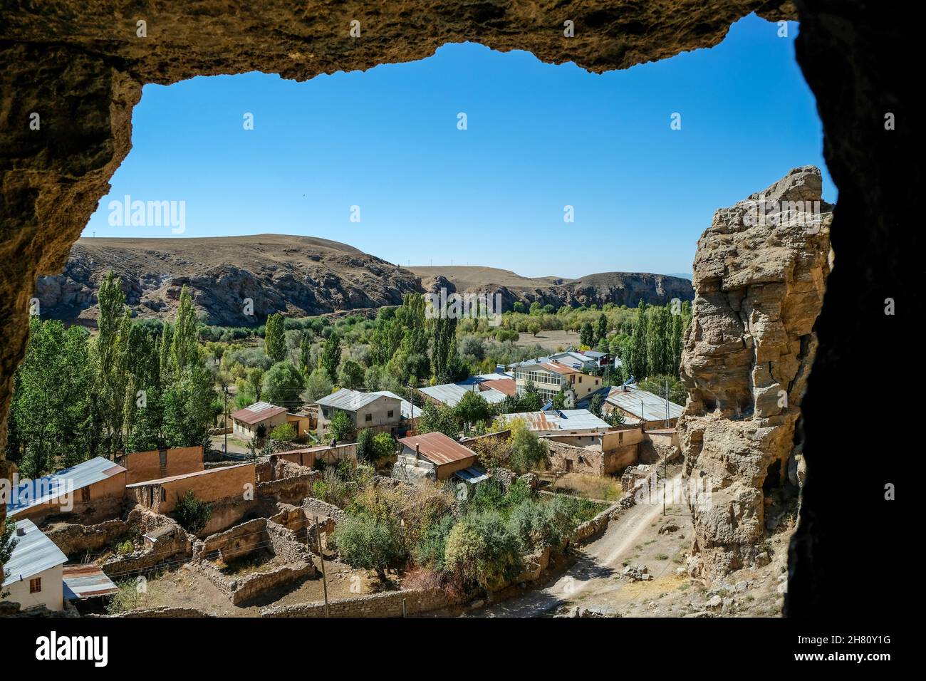 Tödürge Rock Caves; It contains about 100 caves created by carving into the rocks in the Zara district of Sivas and used as dwellings. Stock Photo