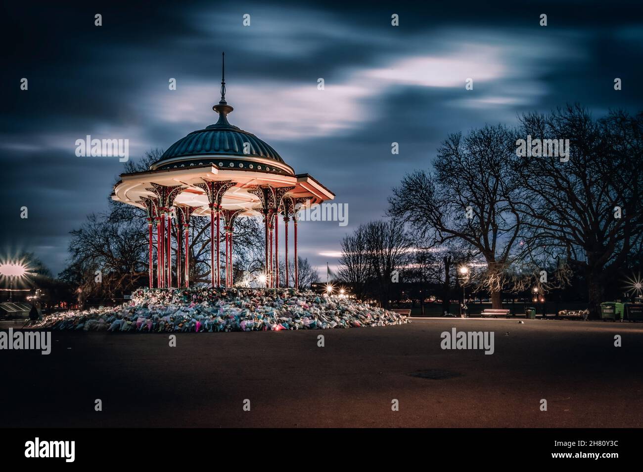 Clapham Common, London, UK - March 13, 2021: Clapham Common Bandstand with Sarah Everard Memorial and Tributes Stock Photo