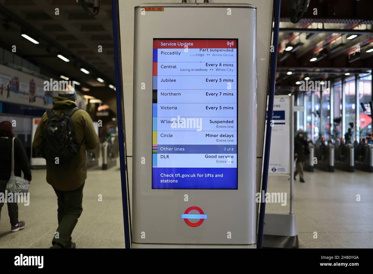 The service noticeboard is seen in the London underground station with ...