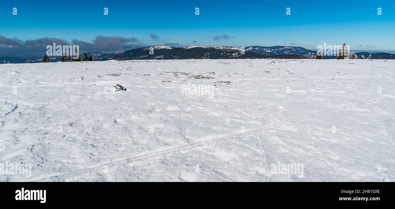 Dlouhe strane, Vozka Keprnik and few other hills from Jeleni hrbet hill summit in winter Jeseniky mountains in Czech republic Stock Photo
