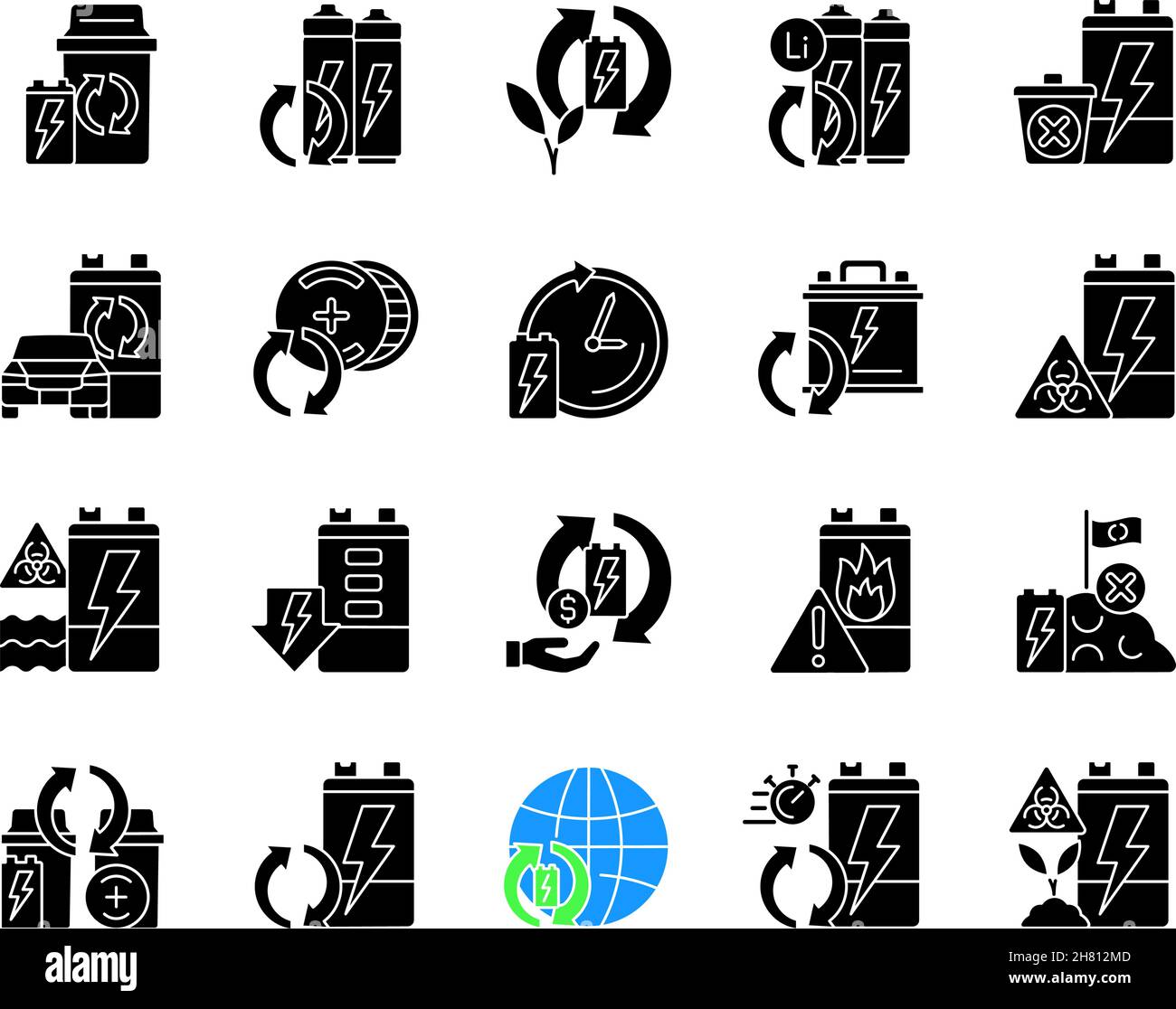 Battery recycling black glyph icons set on white space Stock Vector ...