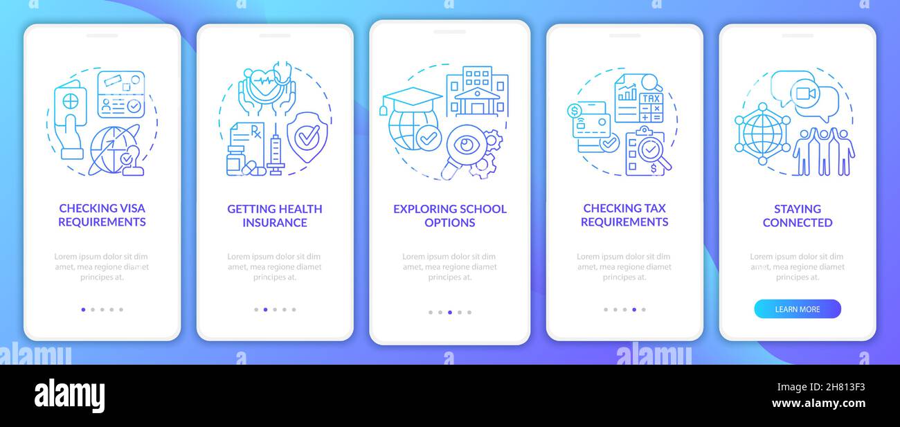 Things to consider when moving blue gradient onboarding mobile app page screen Stock Vector