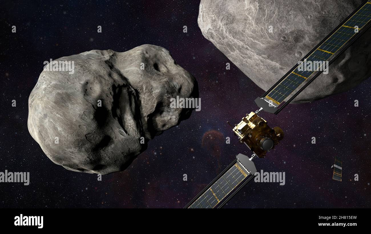 This illustration is of NASAs Double Asteroid Redirection Test (DART) spacecraft and the Italian Space Agencys (ASI) LICIACube prior to impact at the Didymos binary system. They are the worlds first full-scale planetary defense test, demonstrating one method of asteroid deflection technology. Developed and led for NASA by the Johns Hopkins Applied Physics Laboratory (APL) in Laurel, Maryland, DART will demonstrate the planetary defense technique known as kinetic impact. The DART spacecraft will slam into an asteroid and shift its orbit, taking a critical step in demonstrating ways to protec Stock Photo