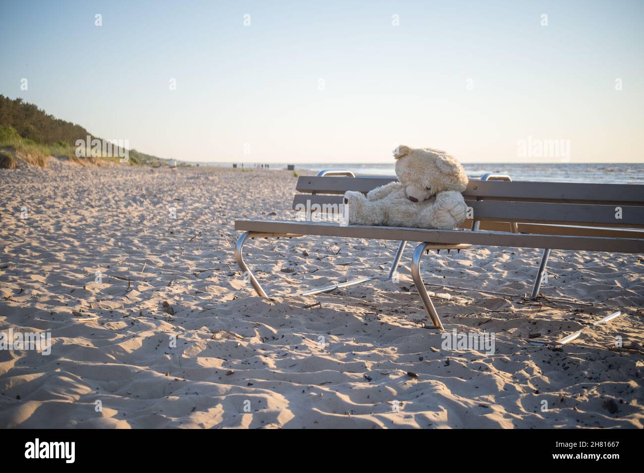 A lonely teddy bear left of a bench at Jurmala beach Stock Photo