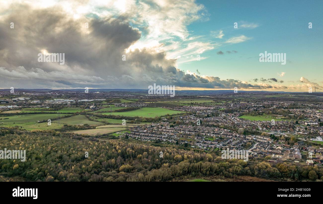 Calm before the storm as clouds roll in over Barnsley, South Yorkshire, UK. The first storm this winter is given the name of Arwen, Red weather warnings are in place for the north of the UK Stock Photo