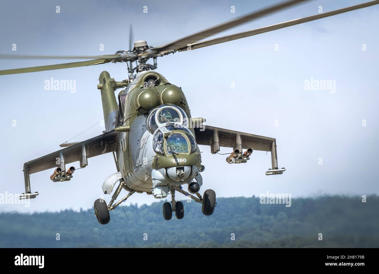 Picture of a Mil Mi-24 helicopter of Czech Air Force. Taken during SIAF2019 air show in Sliac, Slovakia. Stock Photo