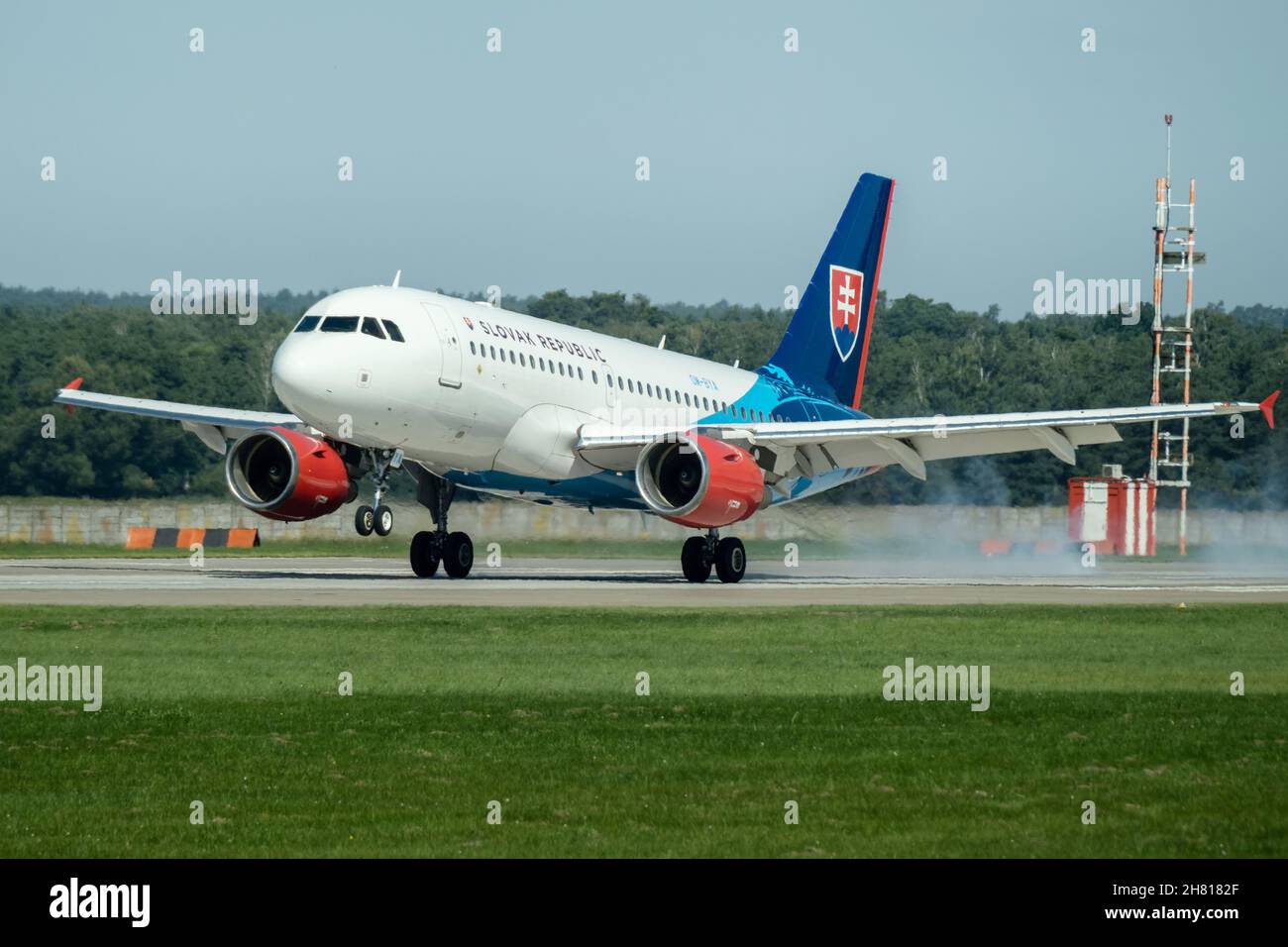 Airbus A319 of Slovak Government Flying Service fleet doing a touch and go landing procedure at SIAF2021 Airshow in Malacky Airbase, Slovakia Stock Photo