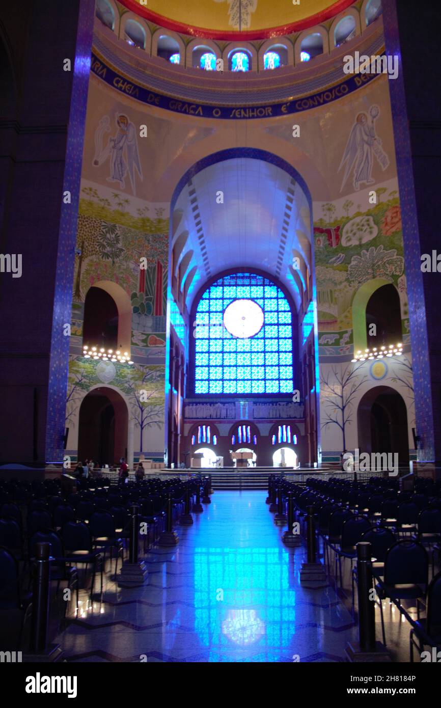 Basilica of the National Sanctuary of Our Lady of Aparecida or Cathedral Basilica of Our Lady of Aparecida. Interior view and stained glass. Stock Photo
