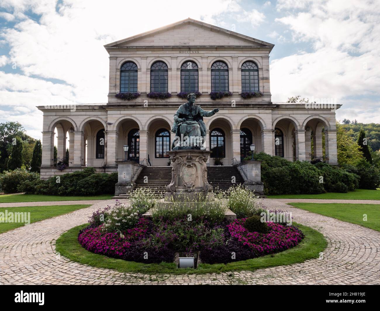 Bavarian State Spa or Bayerisches Staatsbad Bad Brückenau in Bad Brueckenau, Bavaria, Germany with Monument to King Ludwig I. Stock Photo