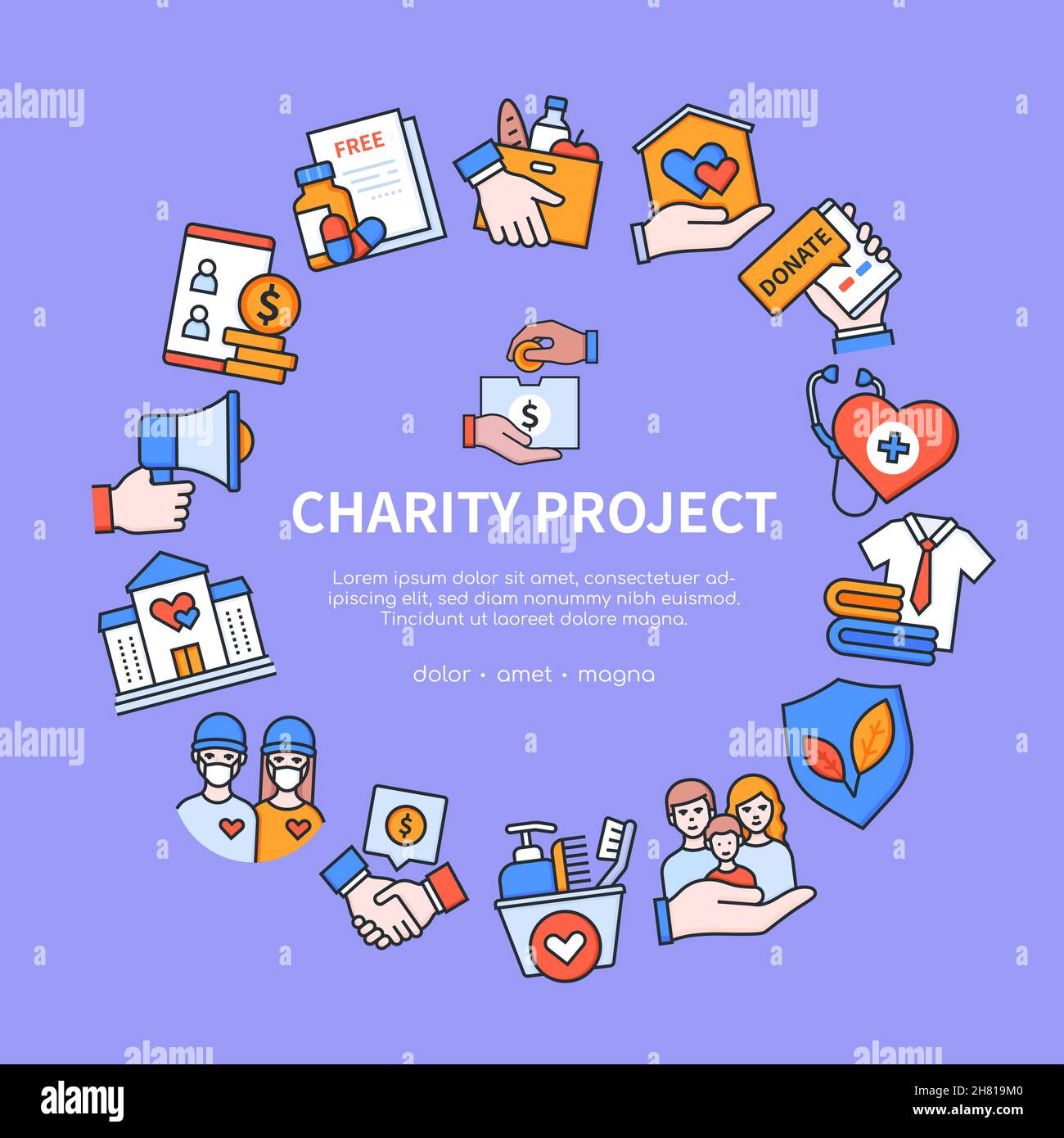 Charity project - colorful vector flat design style banner with copy space for text. Images are collected in a circle on a purple background. Donation Stock Vector