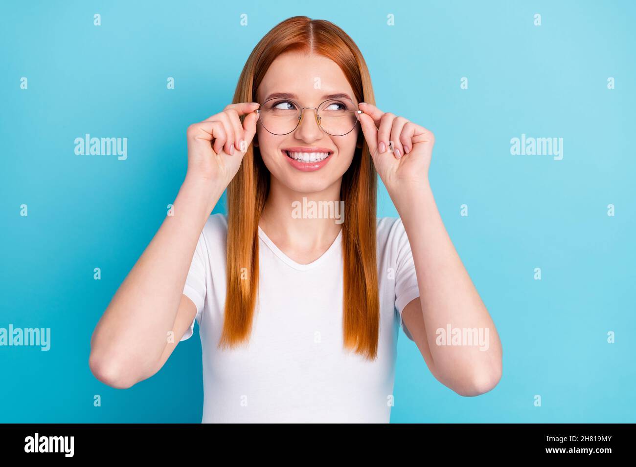 Photo of young attractive girl happy positive smile hands touch glasses ...