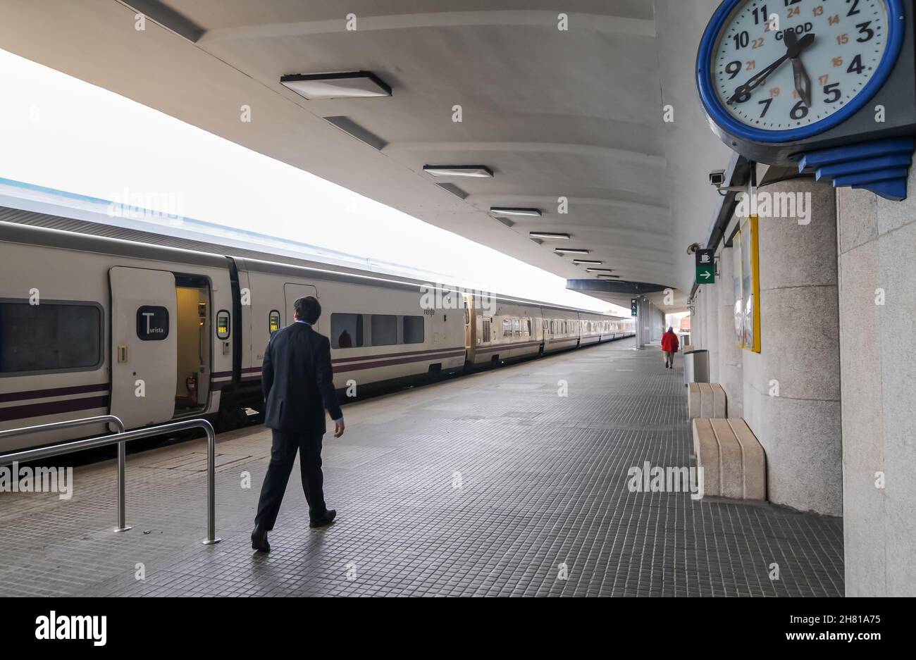 Platform at the Zamora station where the Renfe train heading to Galicia stopped due to the storm on the Vía de la Plata in Zamora, Spain. Stock Photo