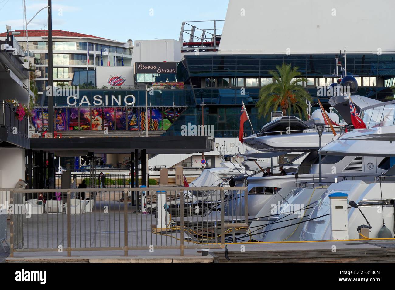 stern of superyachts moored near the casino in Cannes, Alpes-Maritimes,France Stock Photo