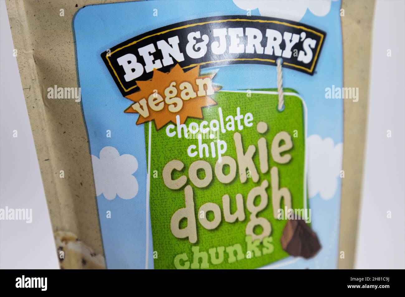 Ben & Jerry's vegan chocolate chip cookie dough chunks package on white background. Stock Photo
