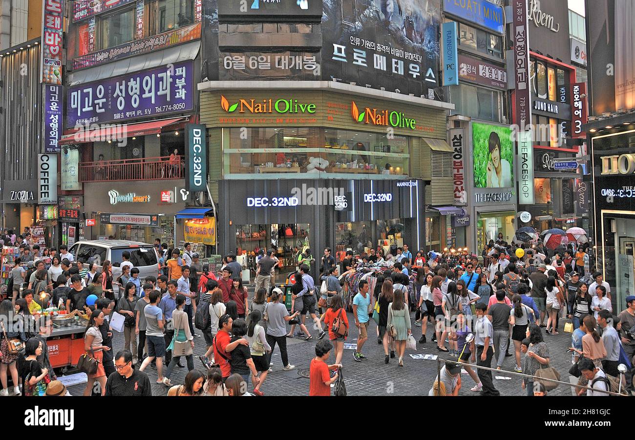 crowd in commercial street, Seoul, South Korea Stock Photo