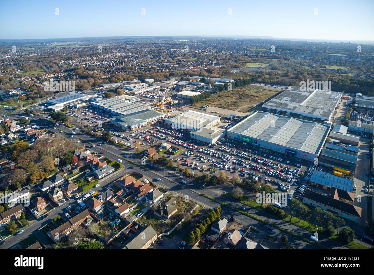 Aerial view of Ringwood Road, Ringwood, Bournemouth, retail parks Stock Photo