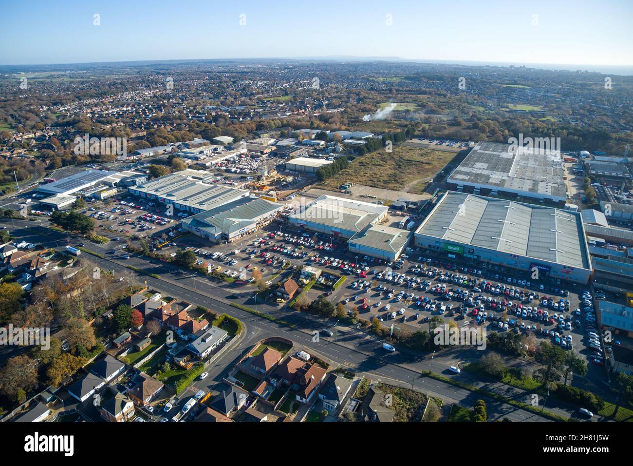 Aerial view of Ringwood Road, Ringwood, Bournemouth, retail parks Stock Photo