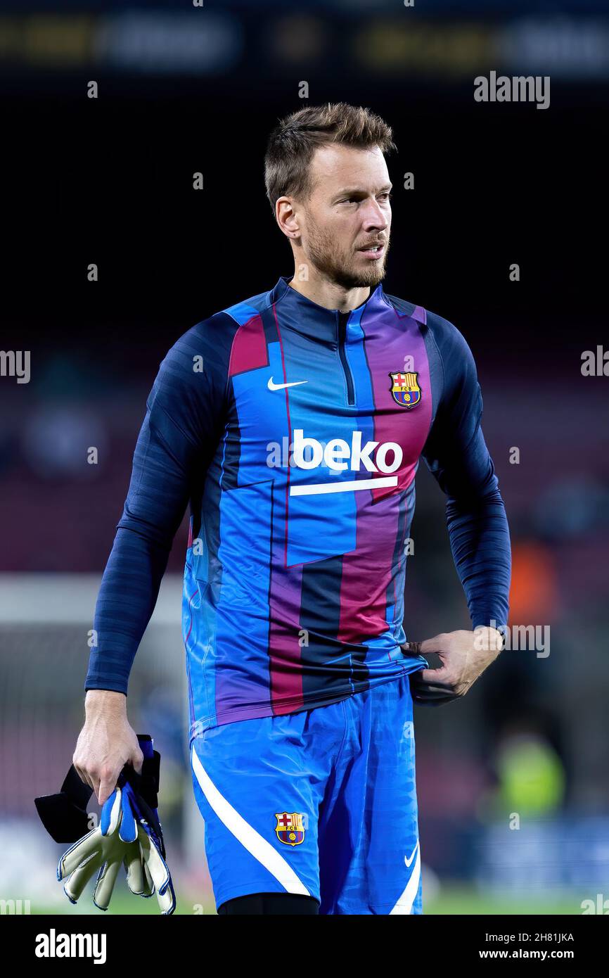 BARCELONA - OCT 30: Neto in action during the La Liga match between FC Barcelona and Alaves at the Camp Nou Stadium on October 30, 2021 in Barcelona, Stock Photo