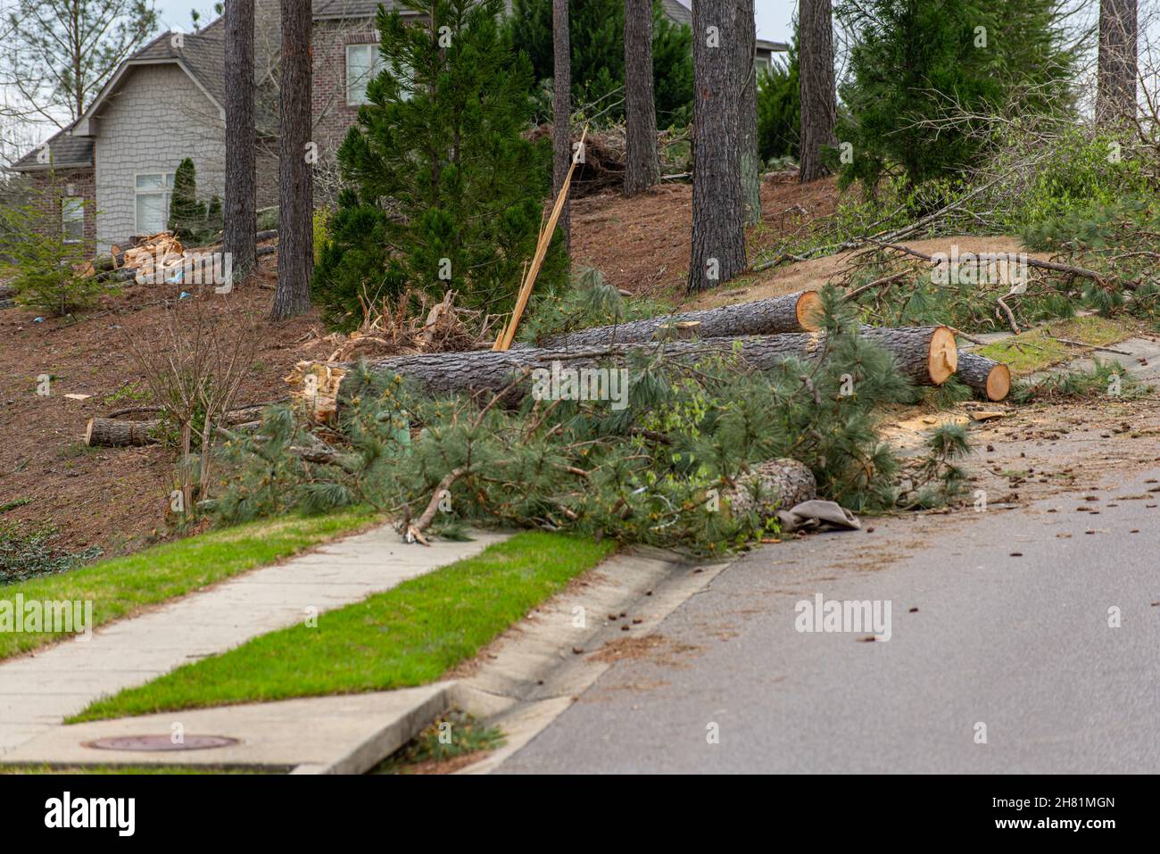 Damage to houses in an Alabama subdivision from a tornado in the Spring of 2021 Stock Photo