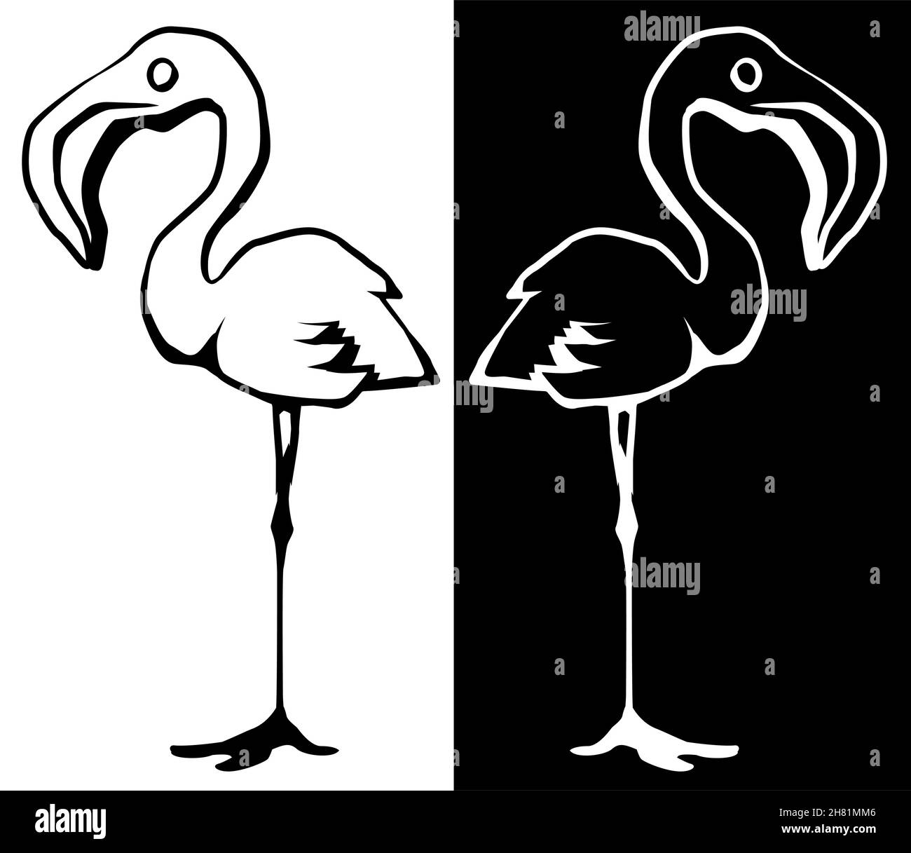 Flamingo bird standing stencil black and white variants, vector ...