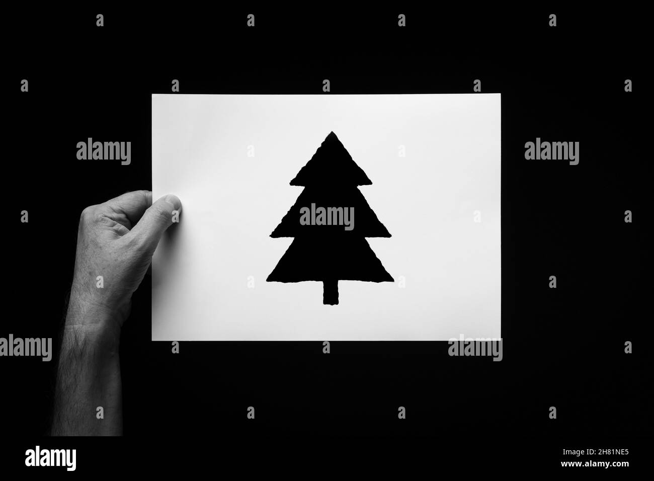 B+W image of male hand holding sheet of paper with christmas tree symbol against black background. Stock Photo