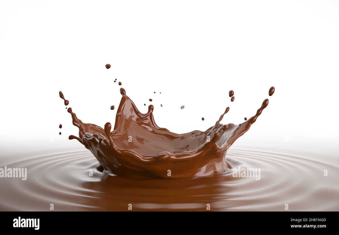 Liquid Chocolate pool with crown splash and ripples. Isolated On white background. perspective low view point. Stock Photo