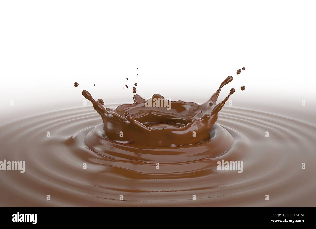Liquid Chocolate crown splash pool with ripples. Isolated On white background. Stock Photo