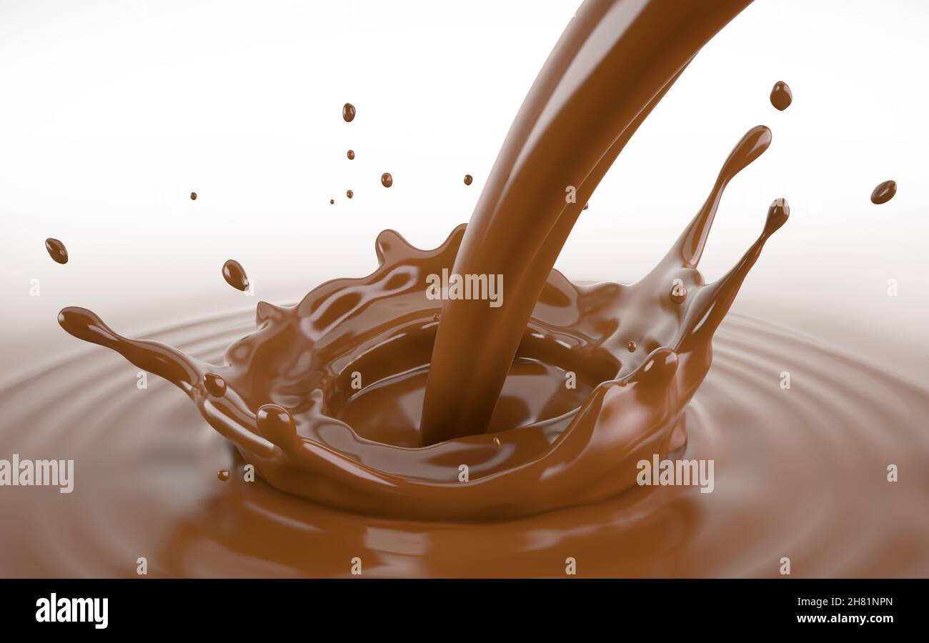 Liquid chocolate crown splash with pour stream and ripples. Bird eye view. On white background. Stock Photo
