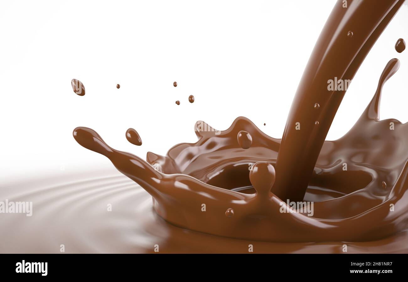 Liquid chocolate crown splash with pour stream and ripples. close up view. On white background. Stock Photo