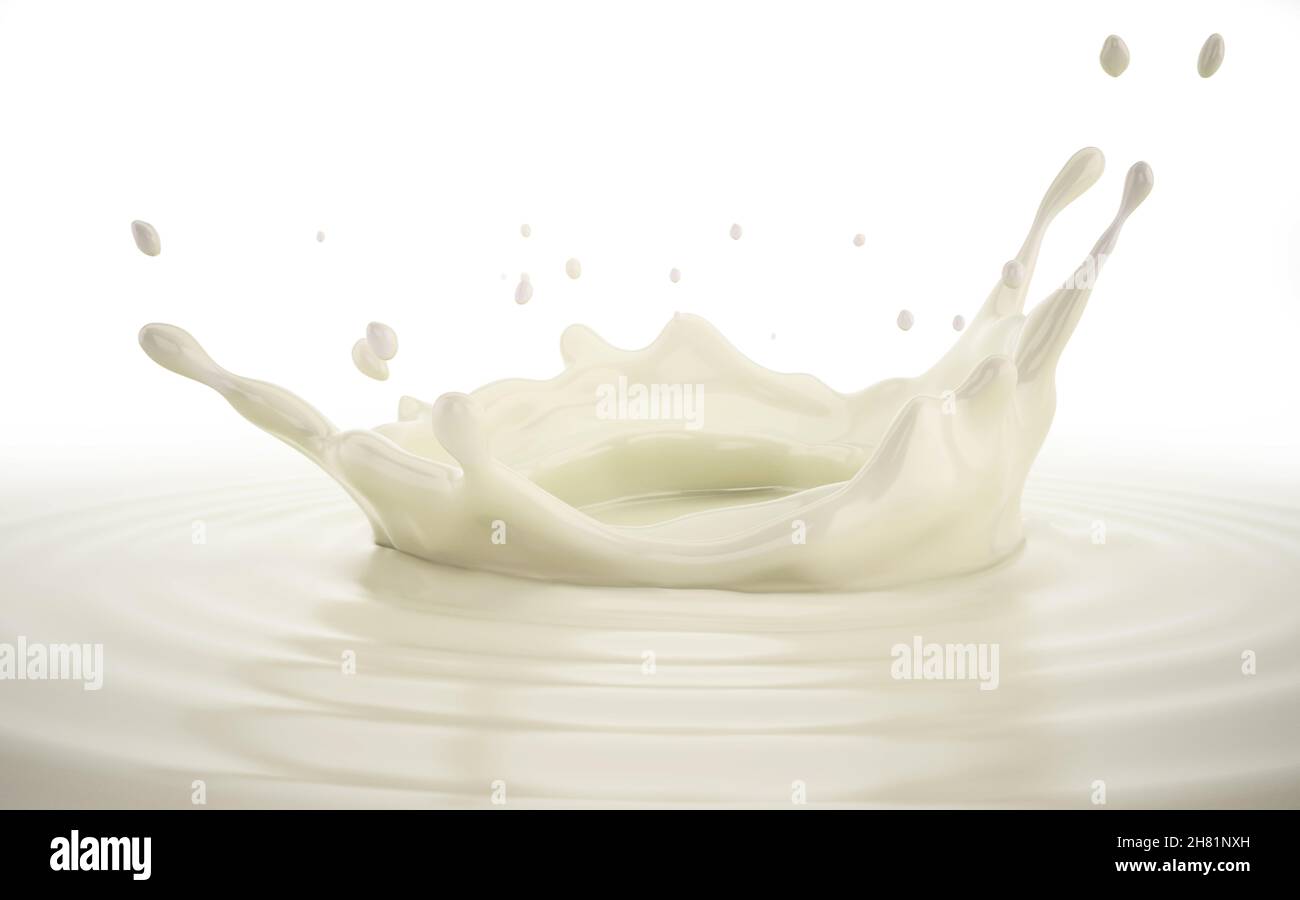 Milk crown splash, splashing in milk pool with ripples. Stock Photo