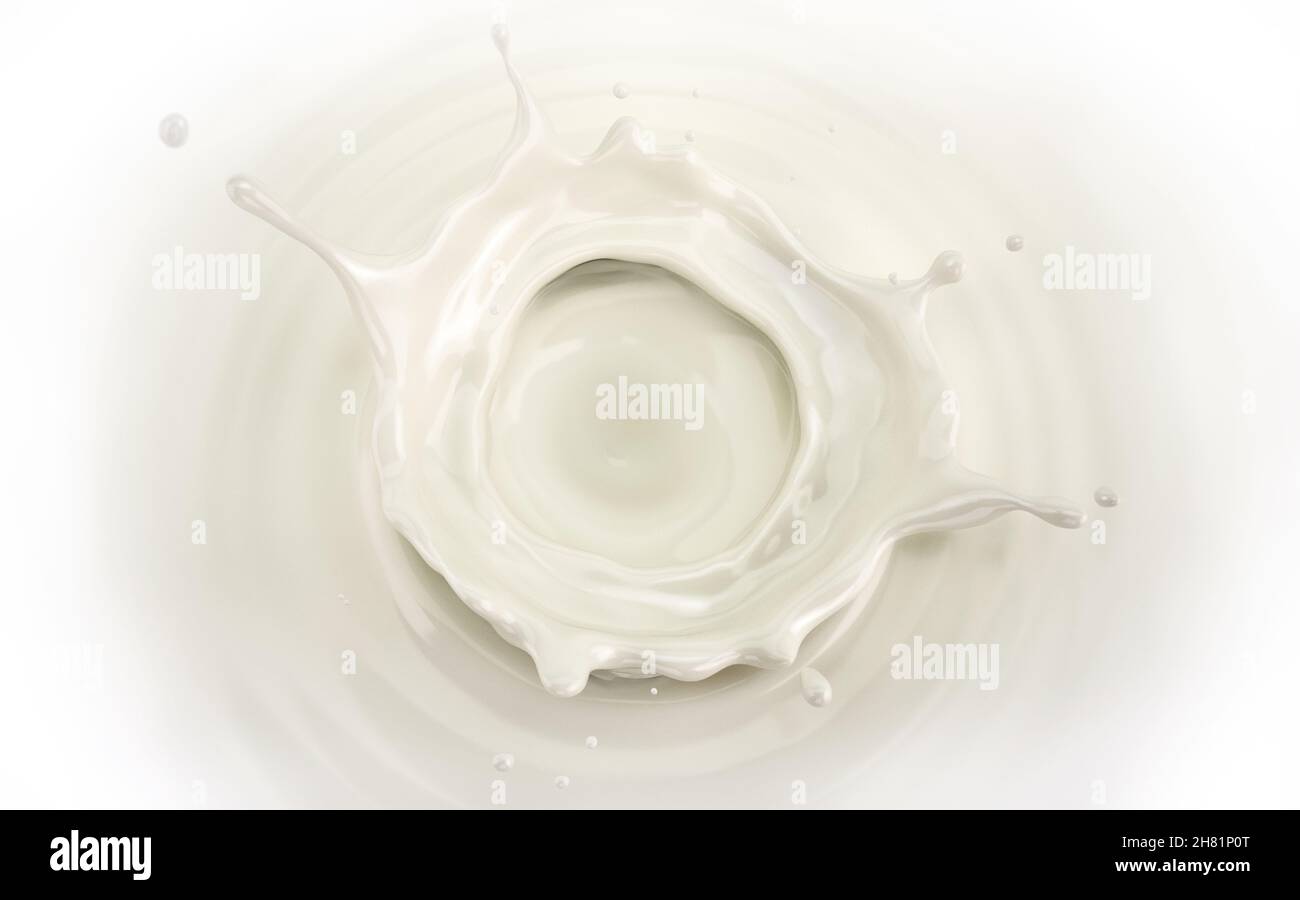 Milk crown splash in milk pool with circular ripples viewed from the top. Stock Photo