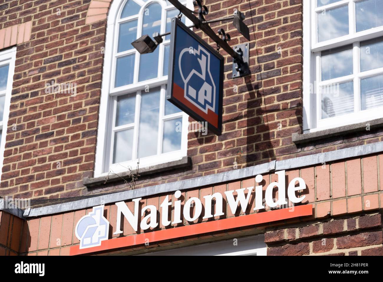 Nationwide Bank sign and logo outside branch, St Albans, Hertfordshire, UK. Stock Photo