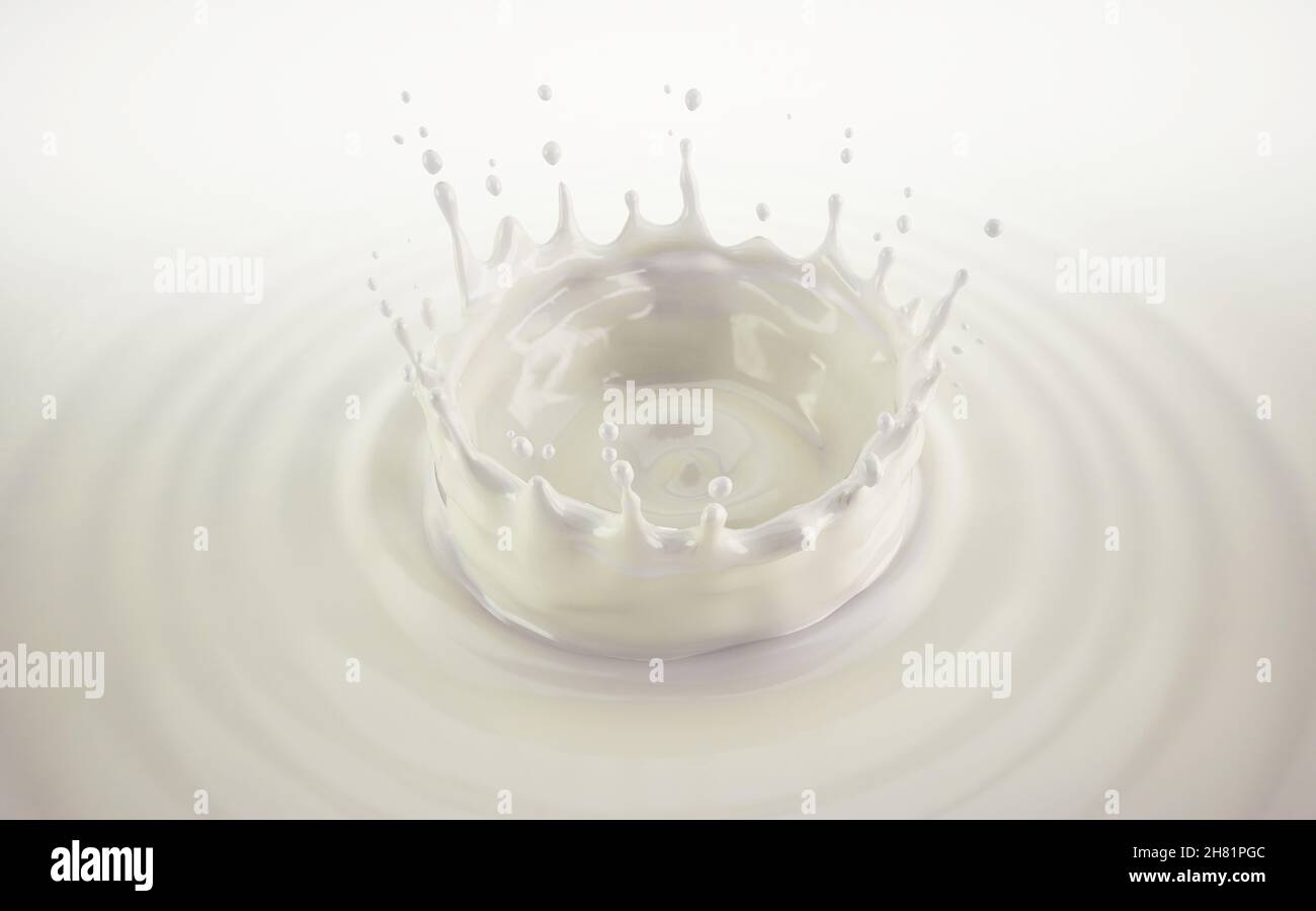 Milk crown splash, splashing in milk pool with ripples. Bird eye view. Stock Photo
