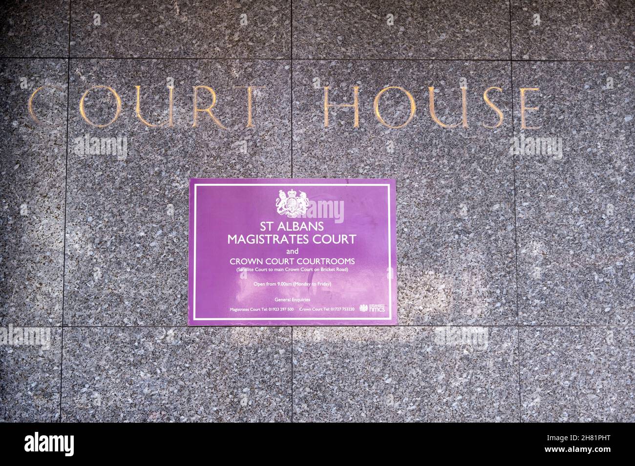 St Albans Magistrates Court sign, St Albans, Hertfordshire, UK Stock