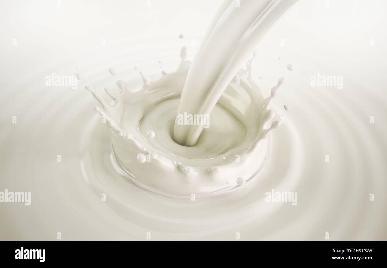 Milk pouring with crown splash in milk pool with ripples. Close up bird eye view. Stock Photo