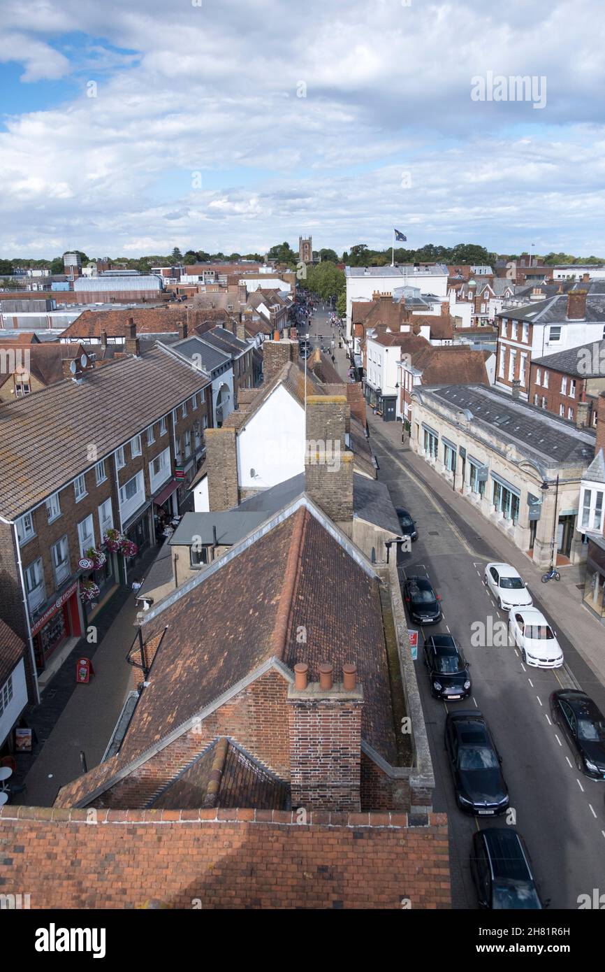 View from the top of St Albans Clock Tower, looking along the high street. St Albans, Hertfordshire, UK Stock Photo