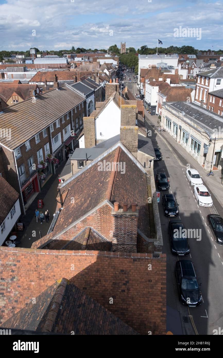 View from the top of St Albans Clock Tower, looking along the high street. St Albans, Hertfordshire, UK Stock Photo