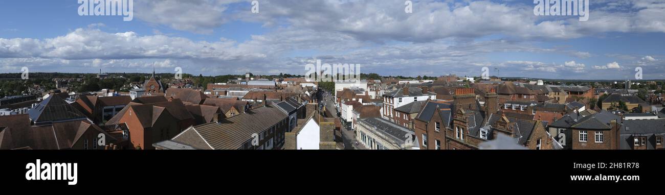 Panoramic view from the top of St Albans Clock Tower, looking along the high street. St Albans, Hertfordshire, UK Stock Photo