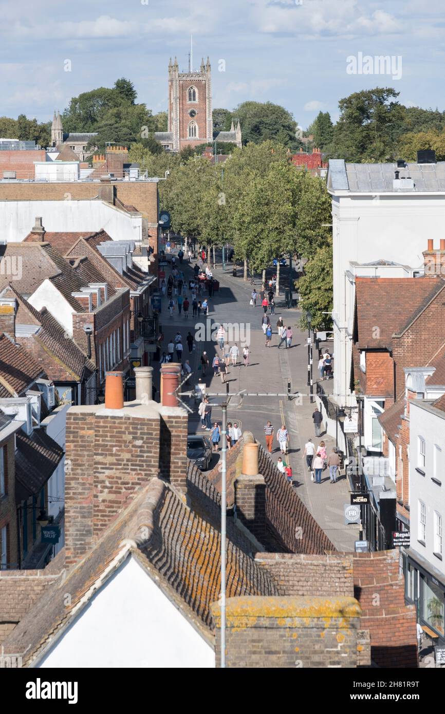 View from the top of St Albans Clock Tower, looking along the high street. St Albans, Hertfordshire, UK Stock Photo