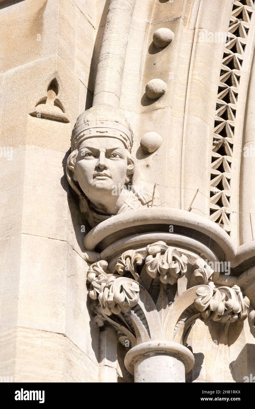 Stone carved heads on St Albans Cathedral, St Albans, Hertfordshire, UK. Stock Photo