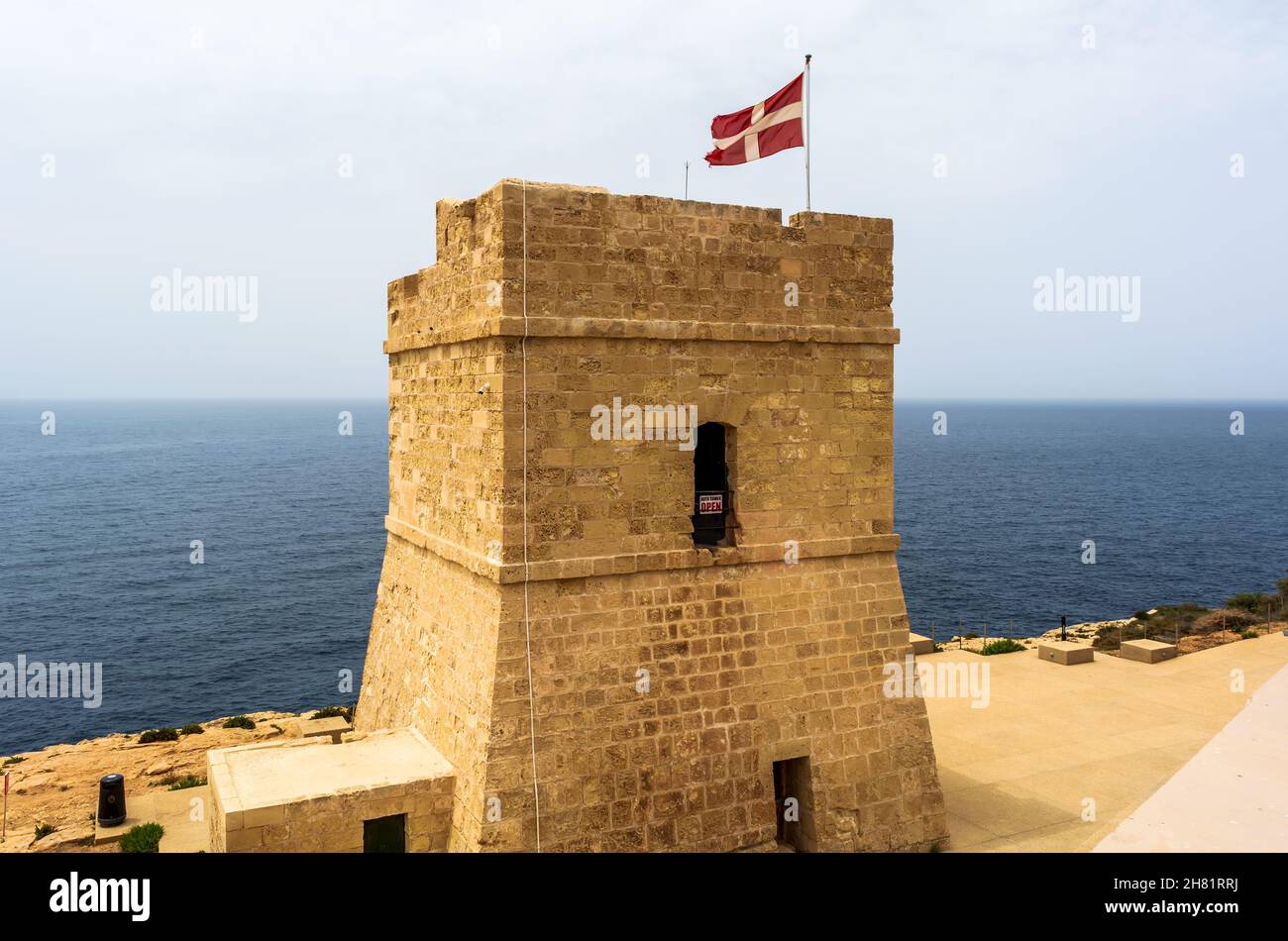 Sciuta Tower, or Wied iż-Żurrieq Tower, shot from the land. It is small watchtower in Qrendi, Malta. Stock Photo