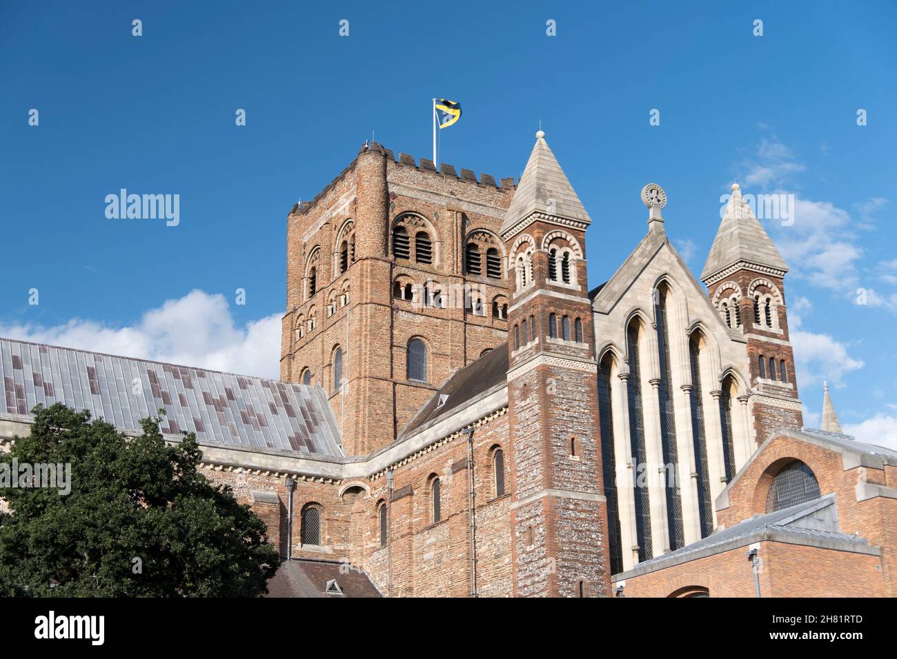 St Albans Cathedral, as viewed from the park grounds, St Albans, Herts, UK. Stock Photo