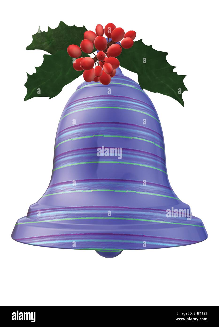 Purple Blue Strips Metal Christmas Bell Ornament Holly Berries Stock Vector