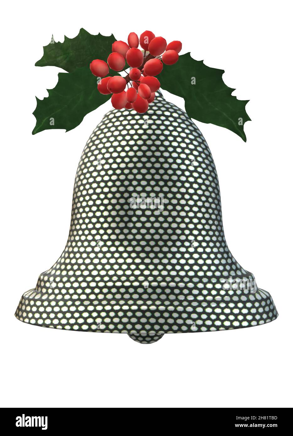 Silver Polka Dot Metal Christmas Bell Ornament Holly Berries Stock Vector