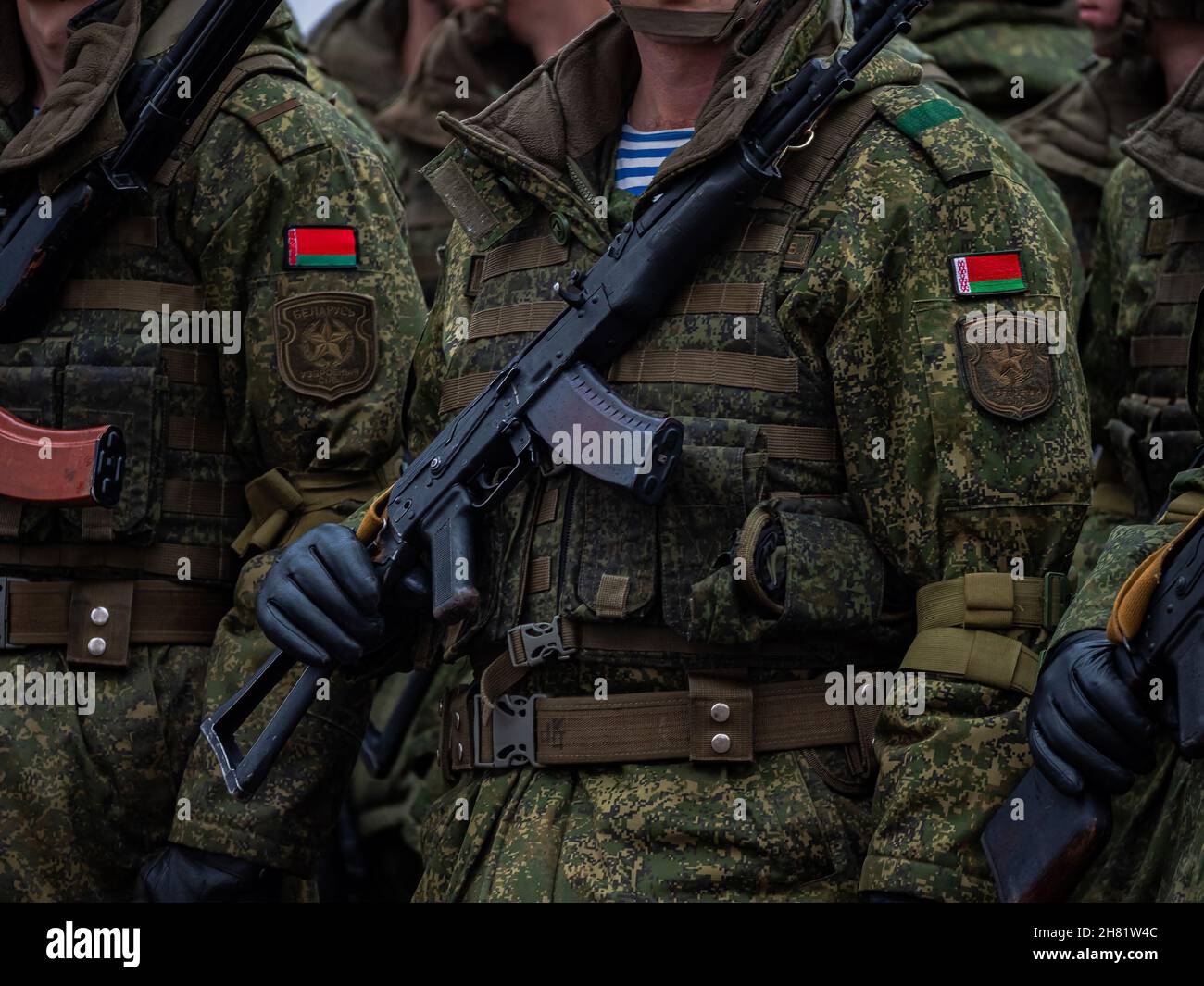 Uniforms and weapon of the Belarusian army soldiers. Automatic rifle in ...