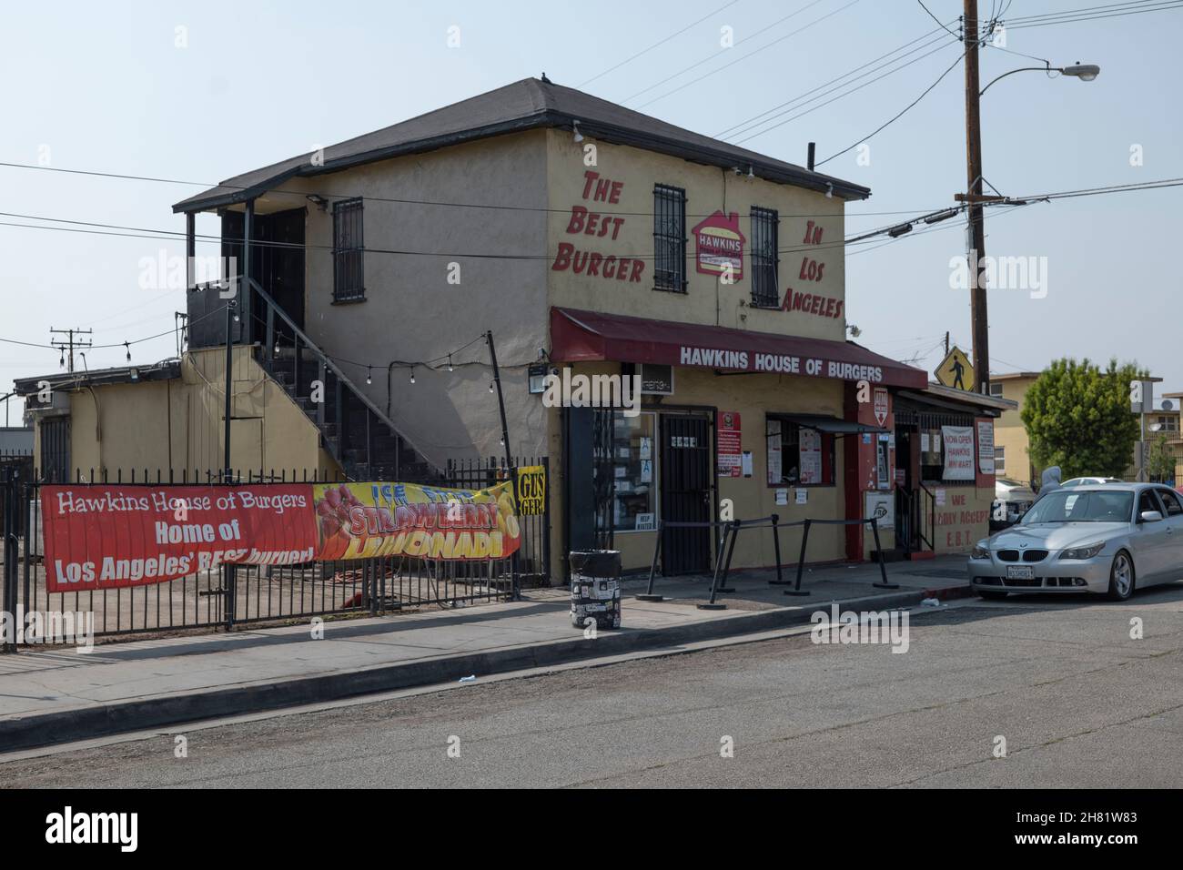 Los Angeles, CA USA - August 24, 2021: The famous Hawkins House of Burgers in the Watts District of LA is threatened due to a property line dispute Stock Photo