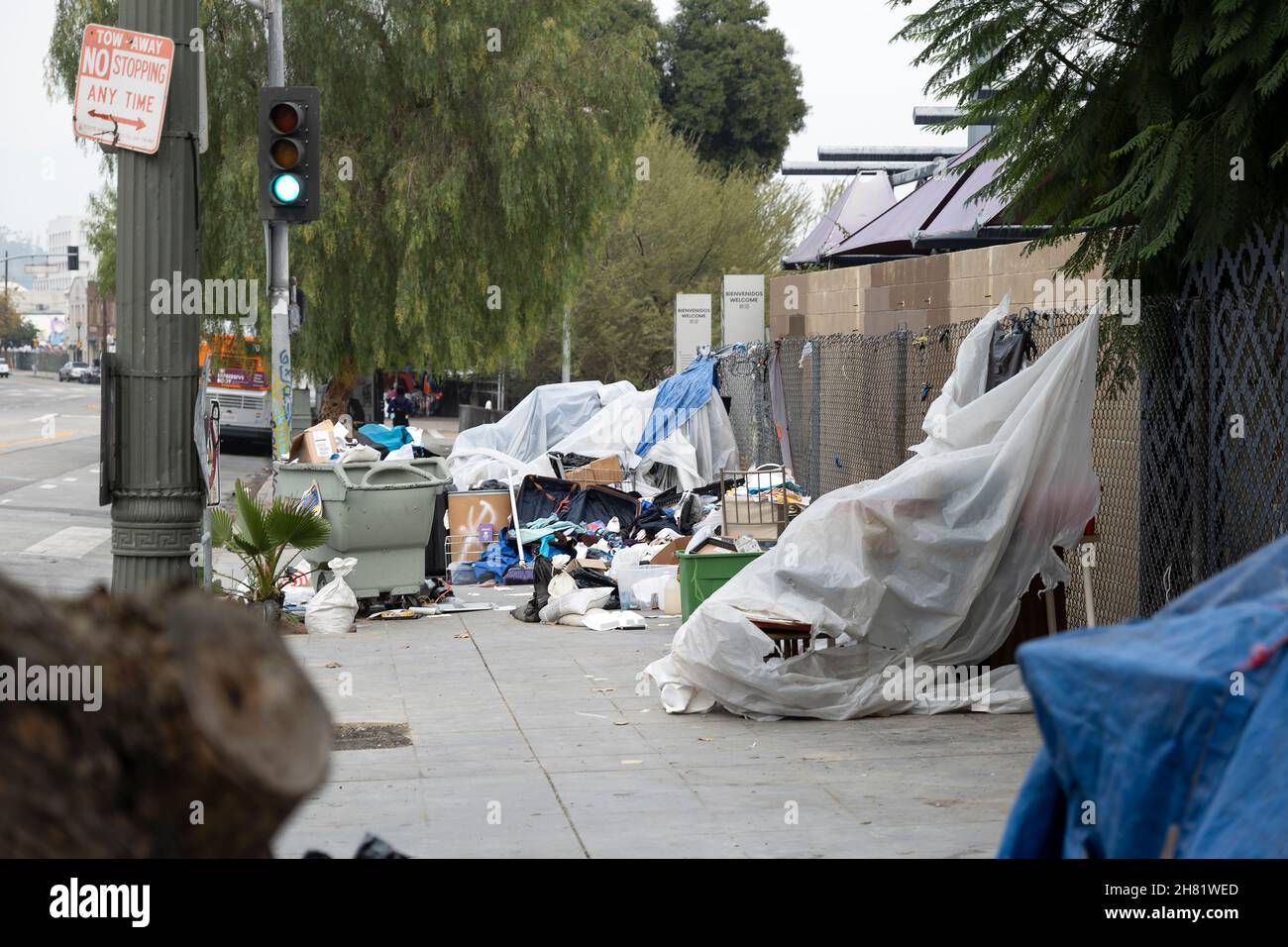 Los Angeles, CA USA - November 19, 2021: A homeless encampment on a sidewalk in downtown Los Angeles Stock Photo
