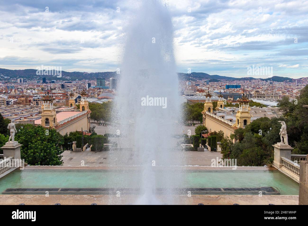 Fountain in Spain square from Montjuic mountain, Barcelona, Catalonia, Spain Stock Photo