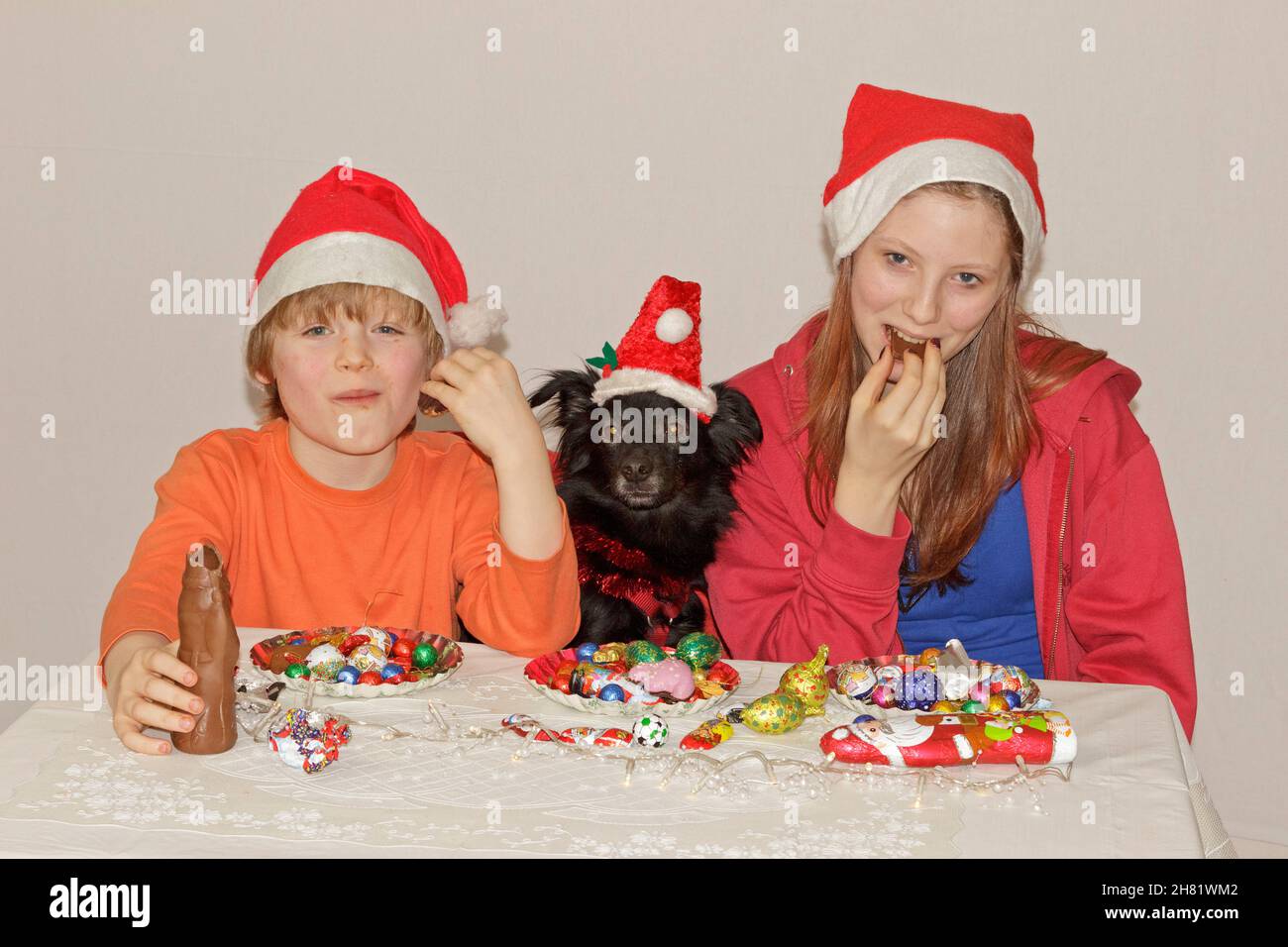 children and dog with Christmas hats and sweets Stock Photo