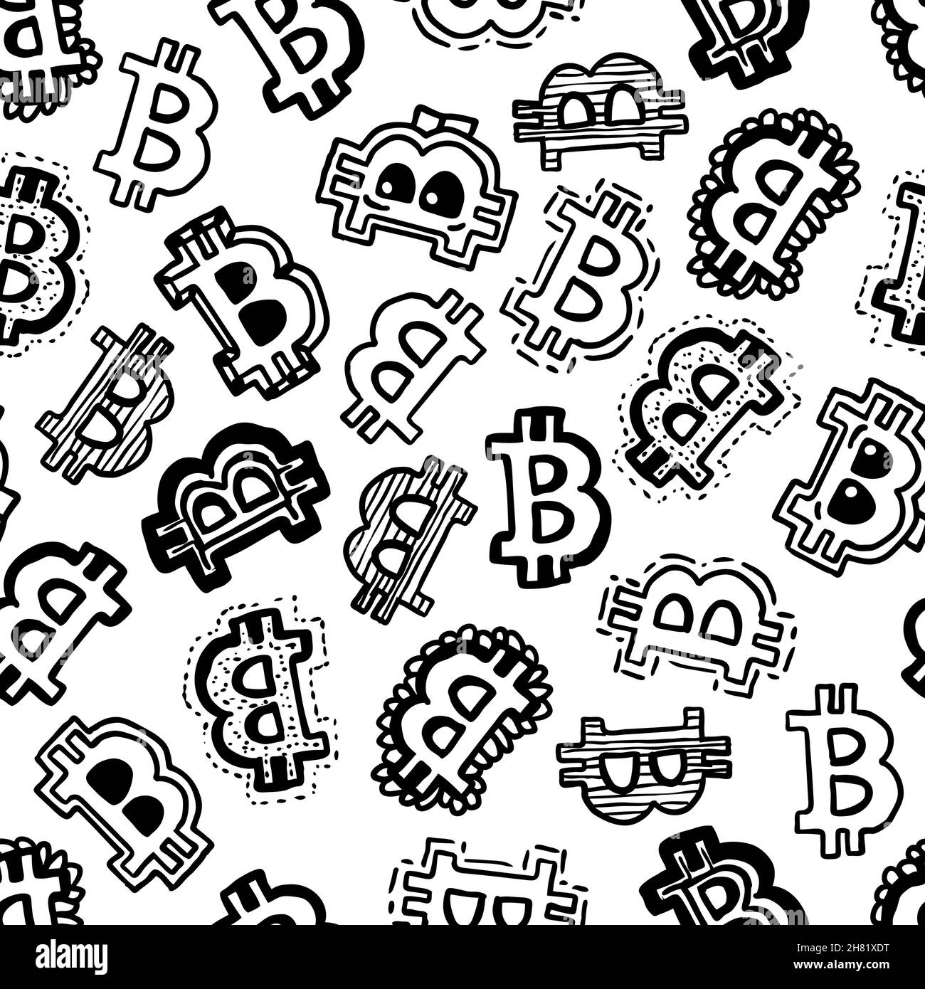 Bitcoin currency, seamless hand drawn pattern Stock Vector